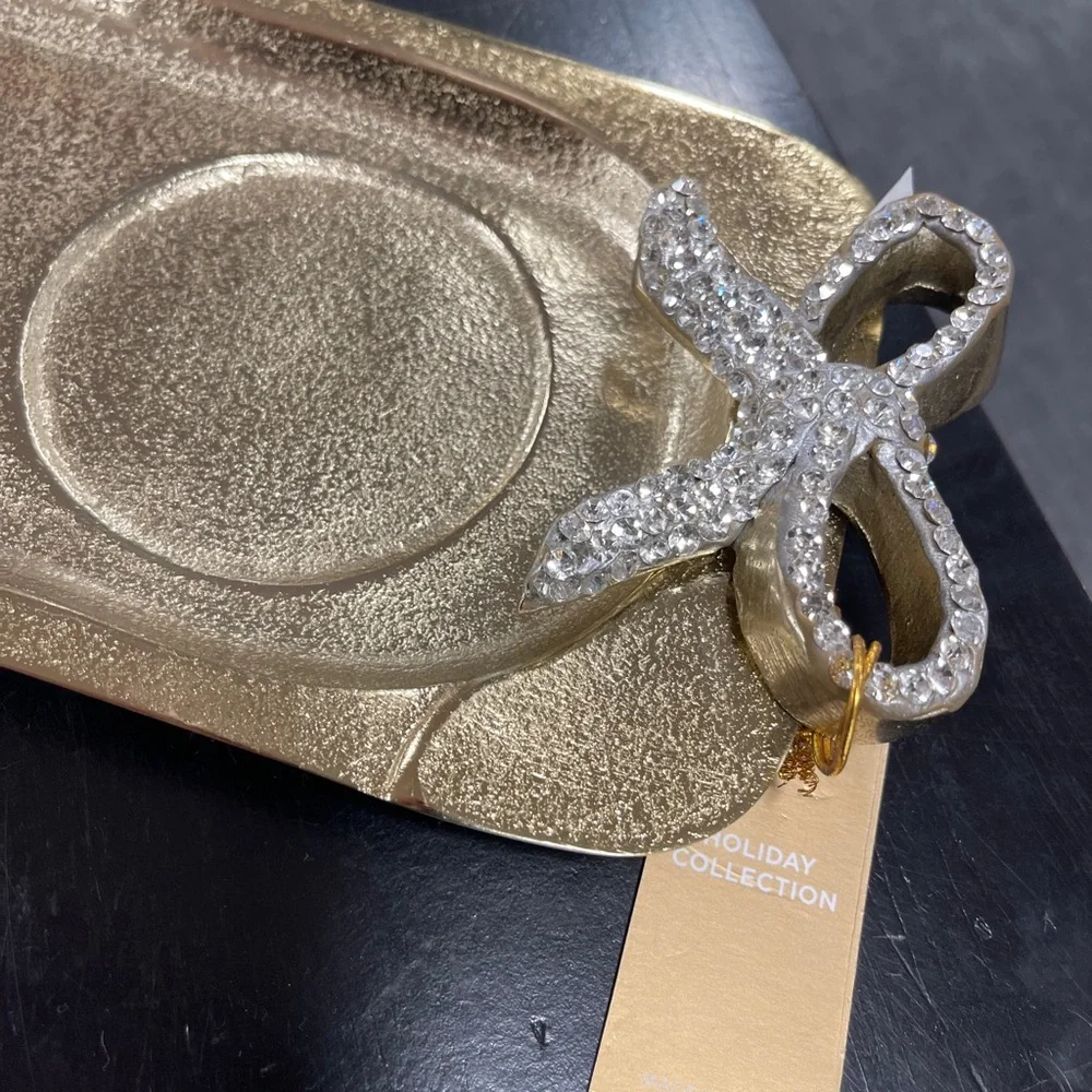 Holiday Champagne Gold Metal Rhinestone Bow candleholder Tray for 3 Candles NWT